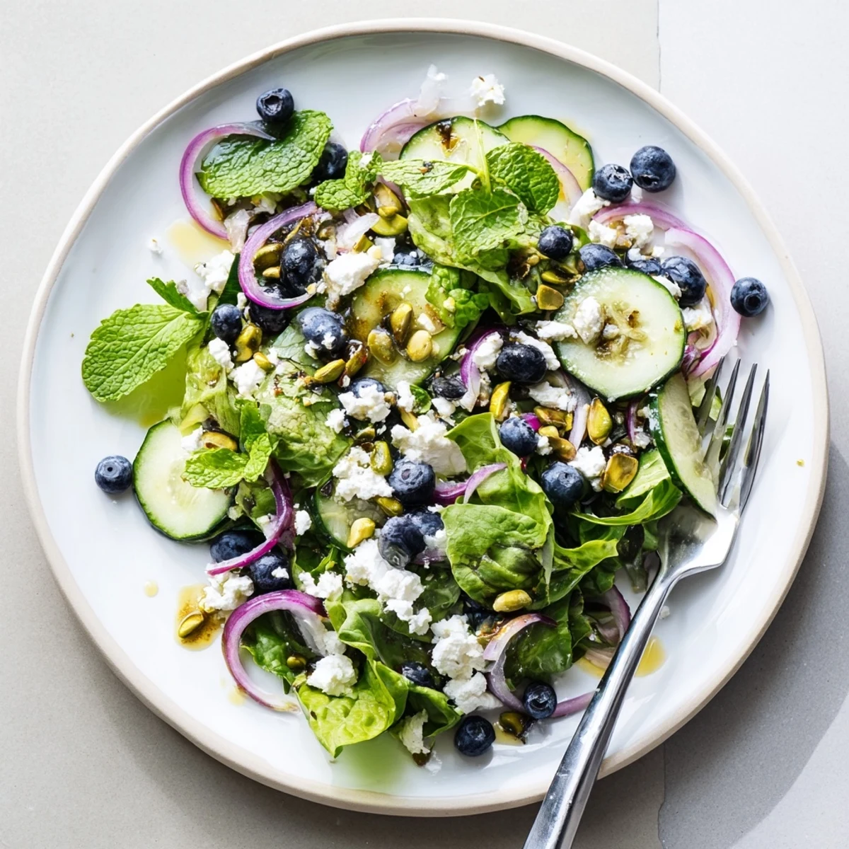Vibrant blueberry pistachio spring salad bowl featuring crisp spring greens, crumbled feta, and mint