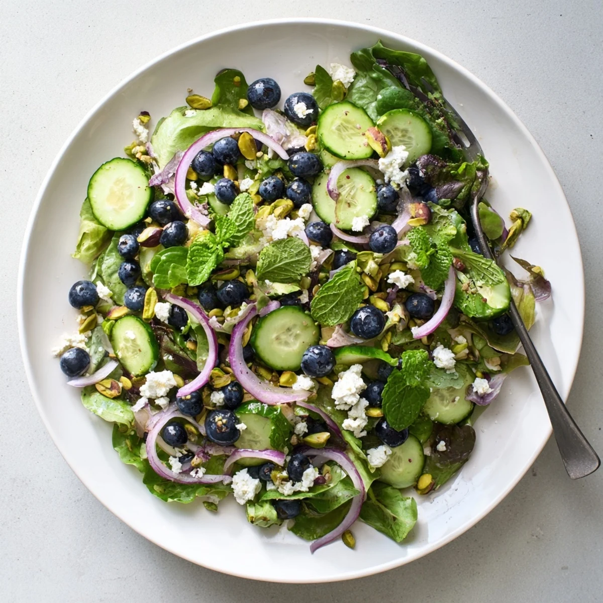 Fresh blueberry pistachio spring salad with juicy berries, crunchy nuts, and light lemon-honey dressing