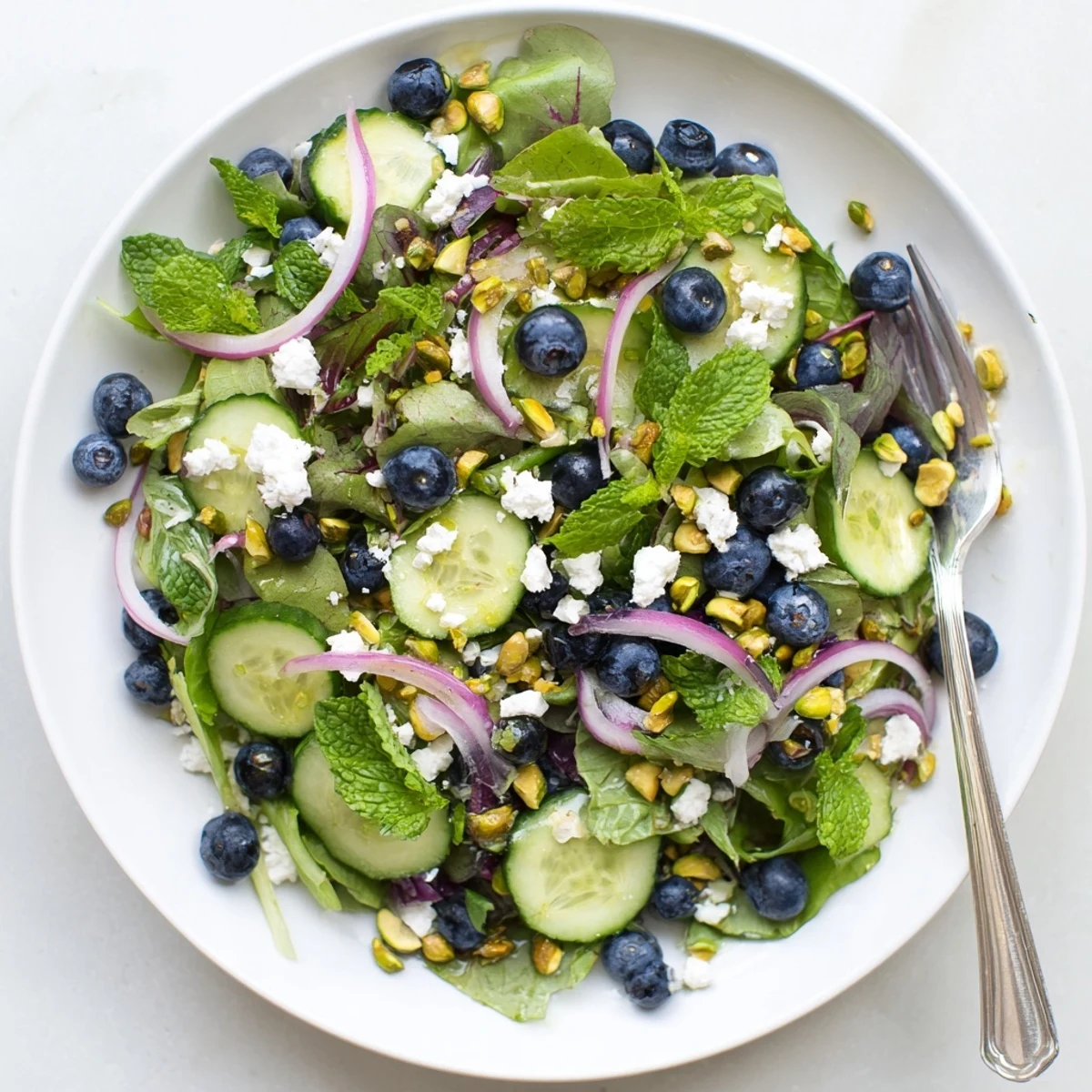 Colorful blueberry pistachio spring salad tossed in citrus vinaigrette with toasted pistachios and fresh berries