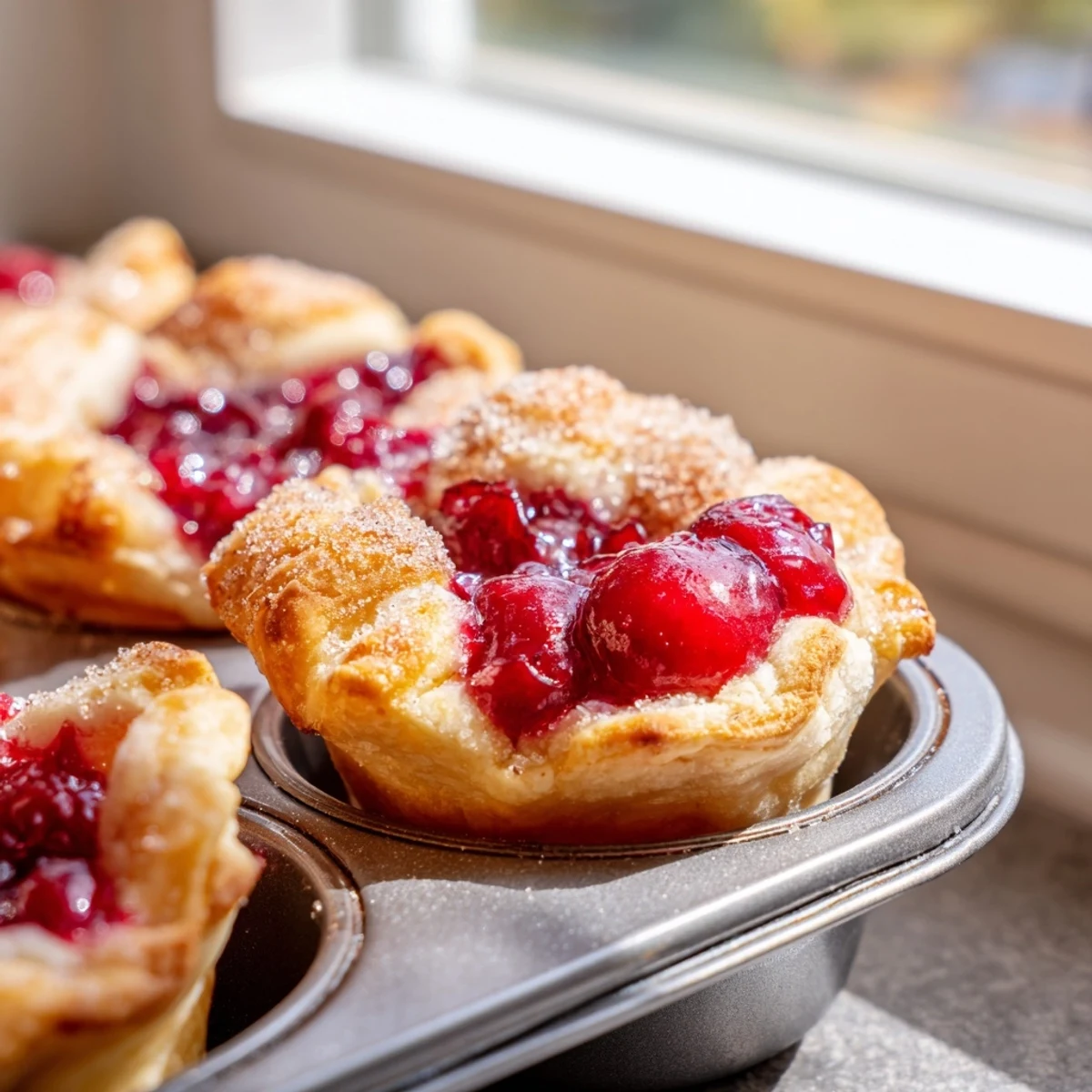 Golden cherry pie bites with bubbling red fruit filling nestled in flaky buttery pastry shells