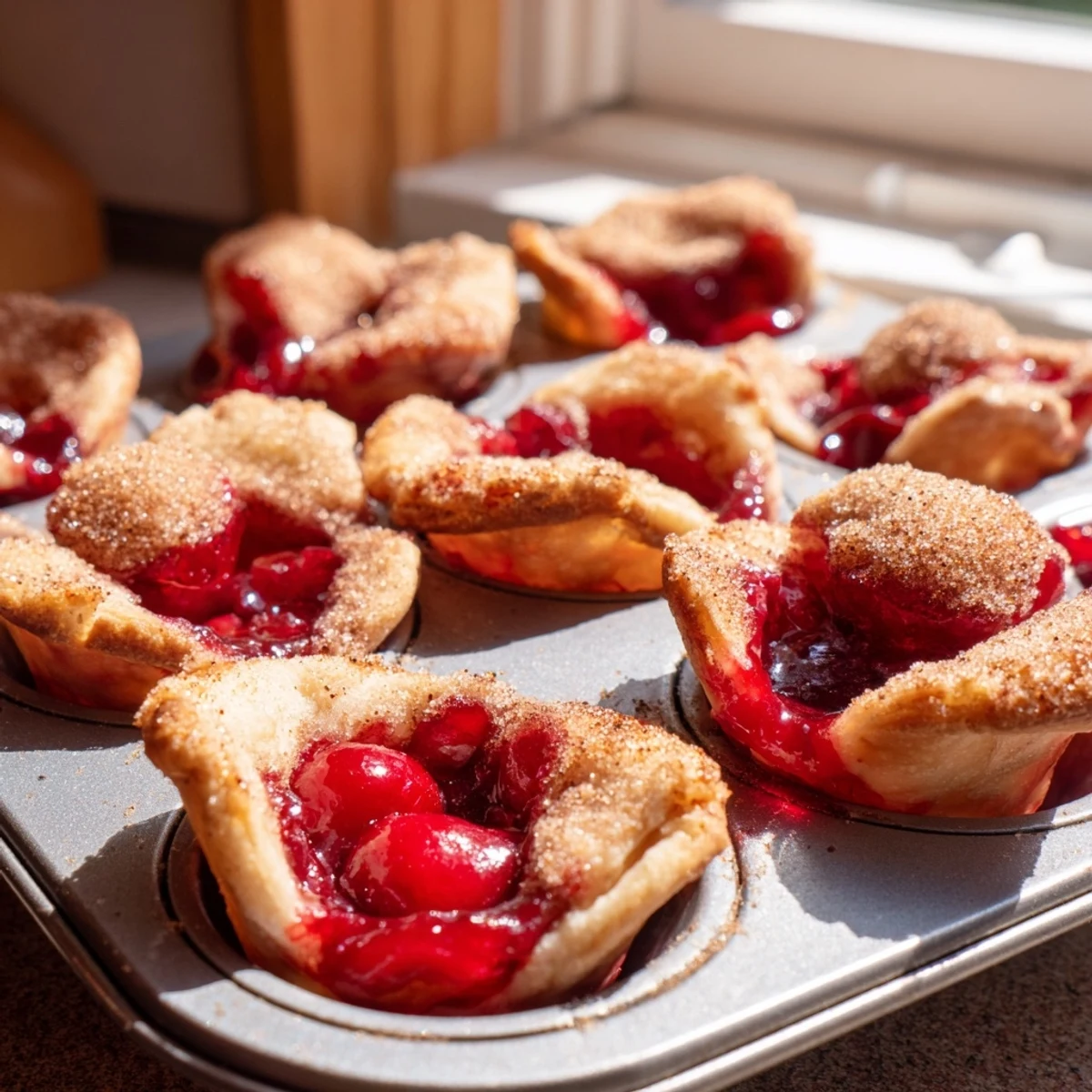Mini cherry pie bites arranged on white serving plate with cinnamon sugar dusted crusts