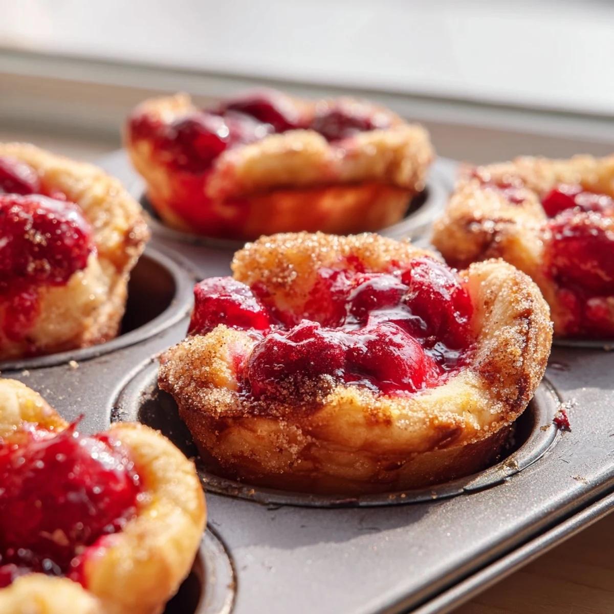 Freshly baked cherry pie bites showing golden brown edges and sweet cherry centers cooling on rack