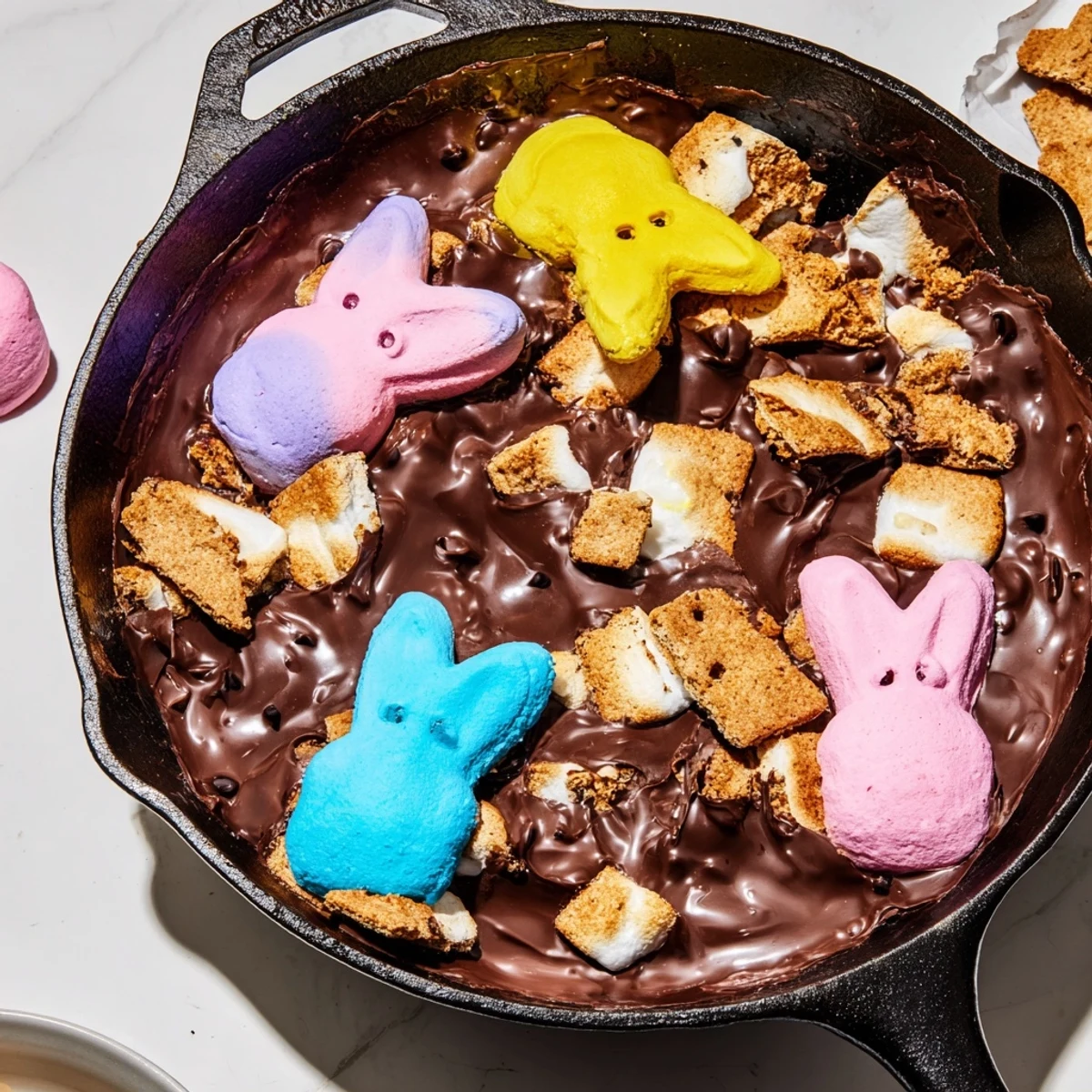 Golden bubbly Peeps skillet smores with melted chocolate pool and graham crackers for dipping