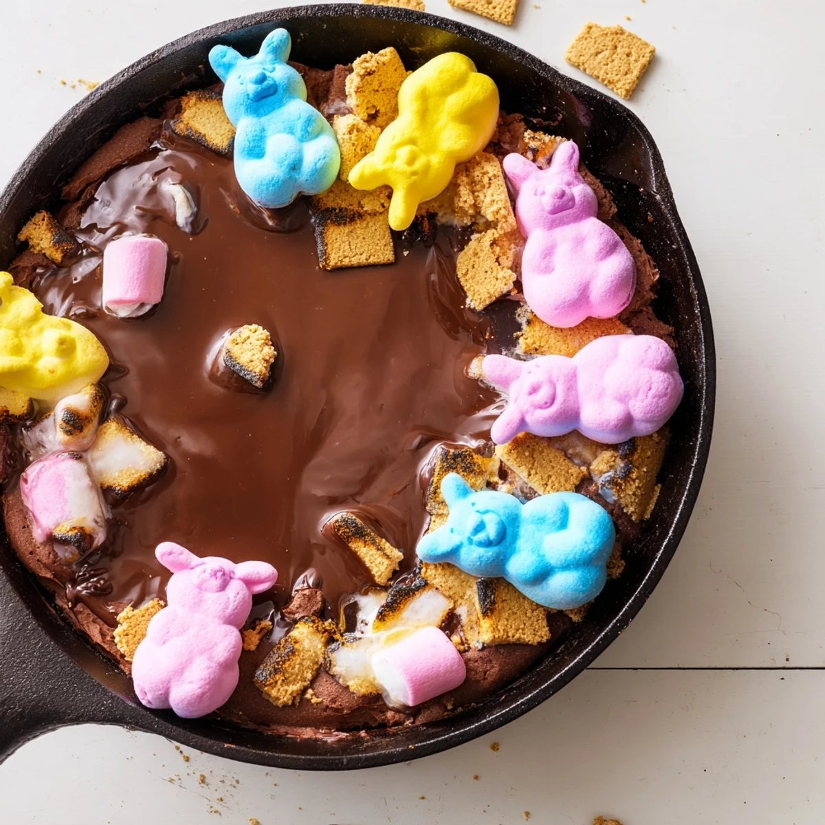 Colorful Peeps marshmallows toasted over gooey chocolate in this festive cast iron skillet smores dessert