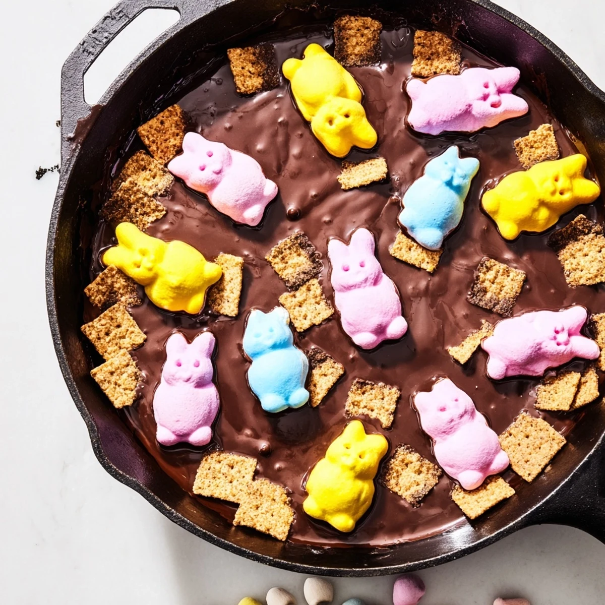 Playful Easter Peeps skillet smores featuring puffed toasted marshmallows atop rich melted chocolate layer
