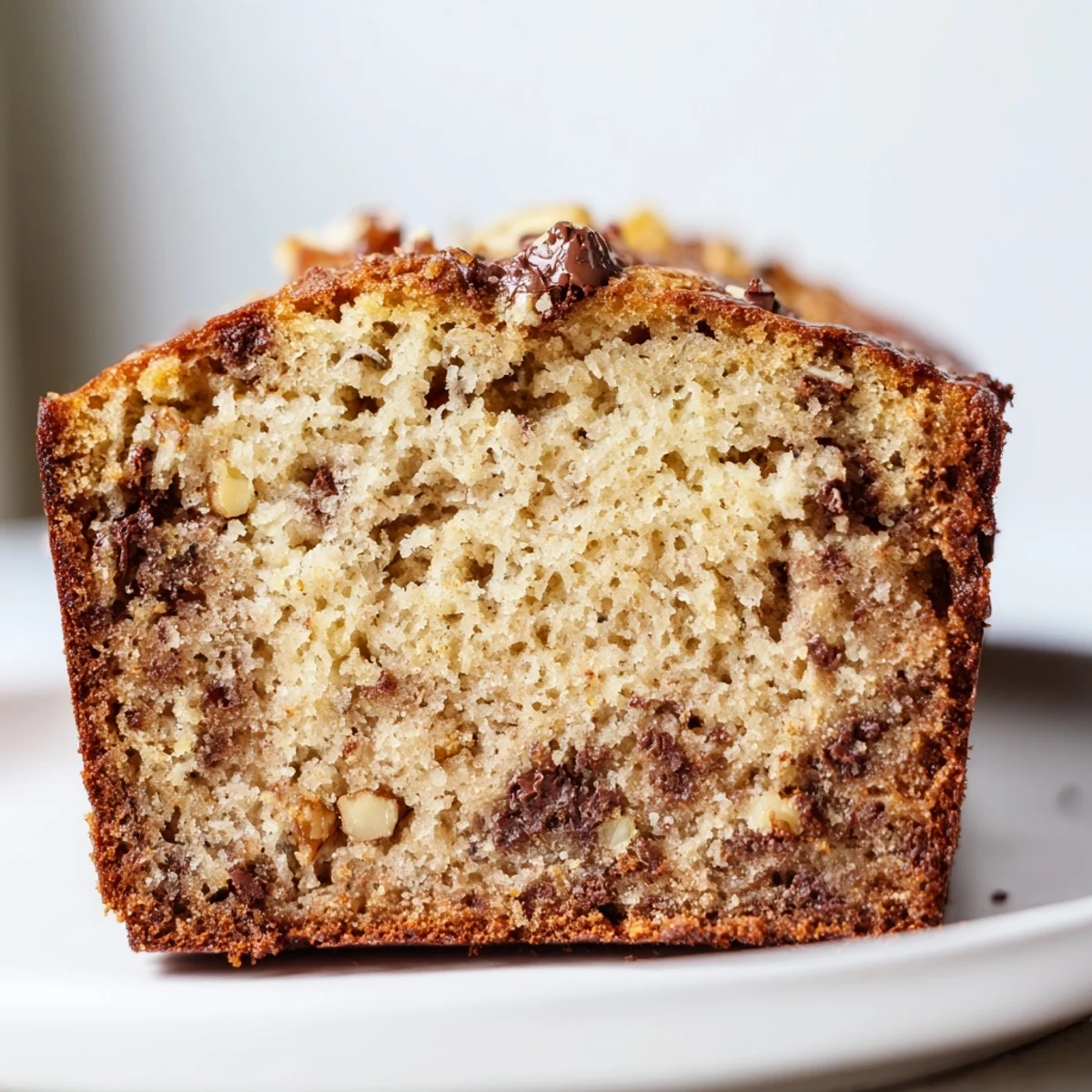 Golden slice of keto banana bread topped with chopped walnuts on a rustic wooden board