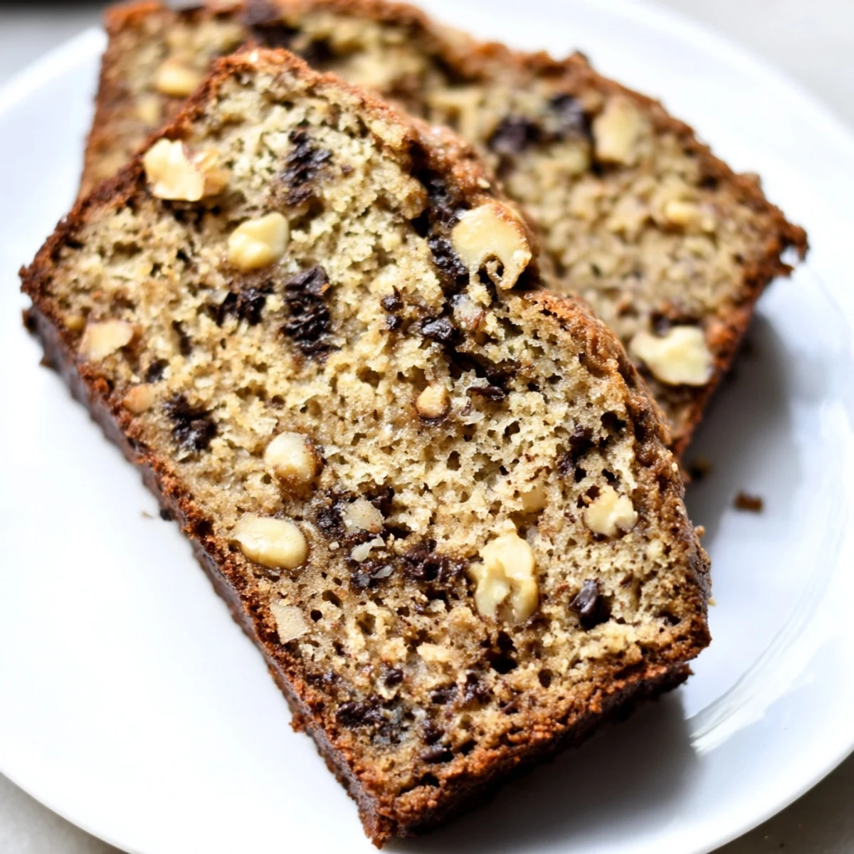 Warm slice of grain-free keto banana bread served with melted butter on white plate