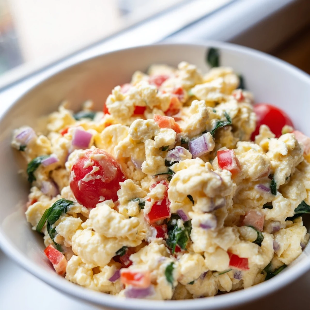 Colorful easy high protein breakfast bowl featuring fluffy scrambled eggs, fresh vegetables, creamy avocado slices, and nutritious quinoa in a rustic ceramic bowl.