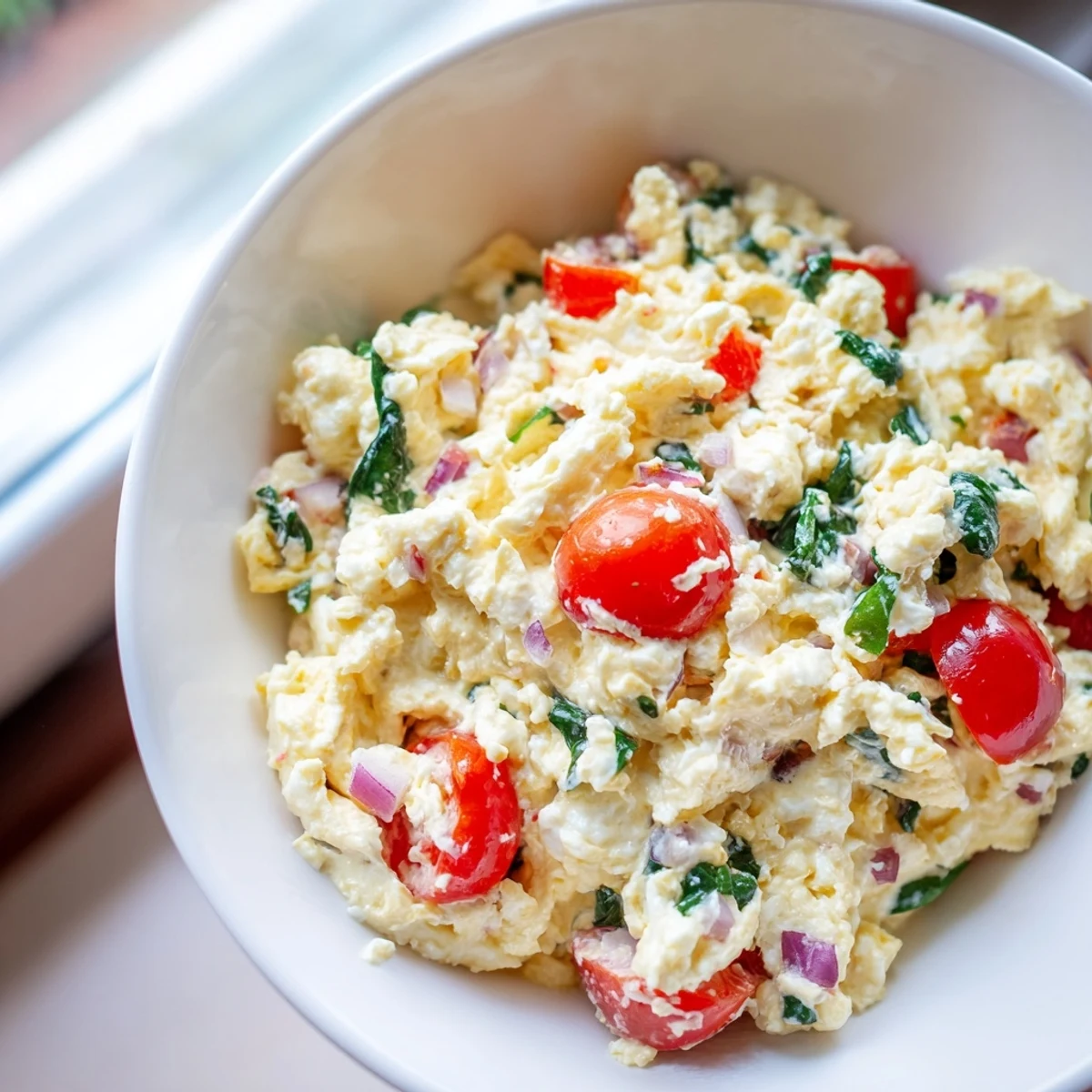 Hearty easy high protein breakfast bowl topped with cottage cheese scrambled eggs, cherry tomatoes, spinach, and crunchy pumpkin seeds for a filling morning meal.
