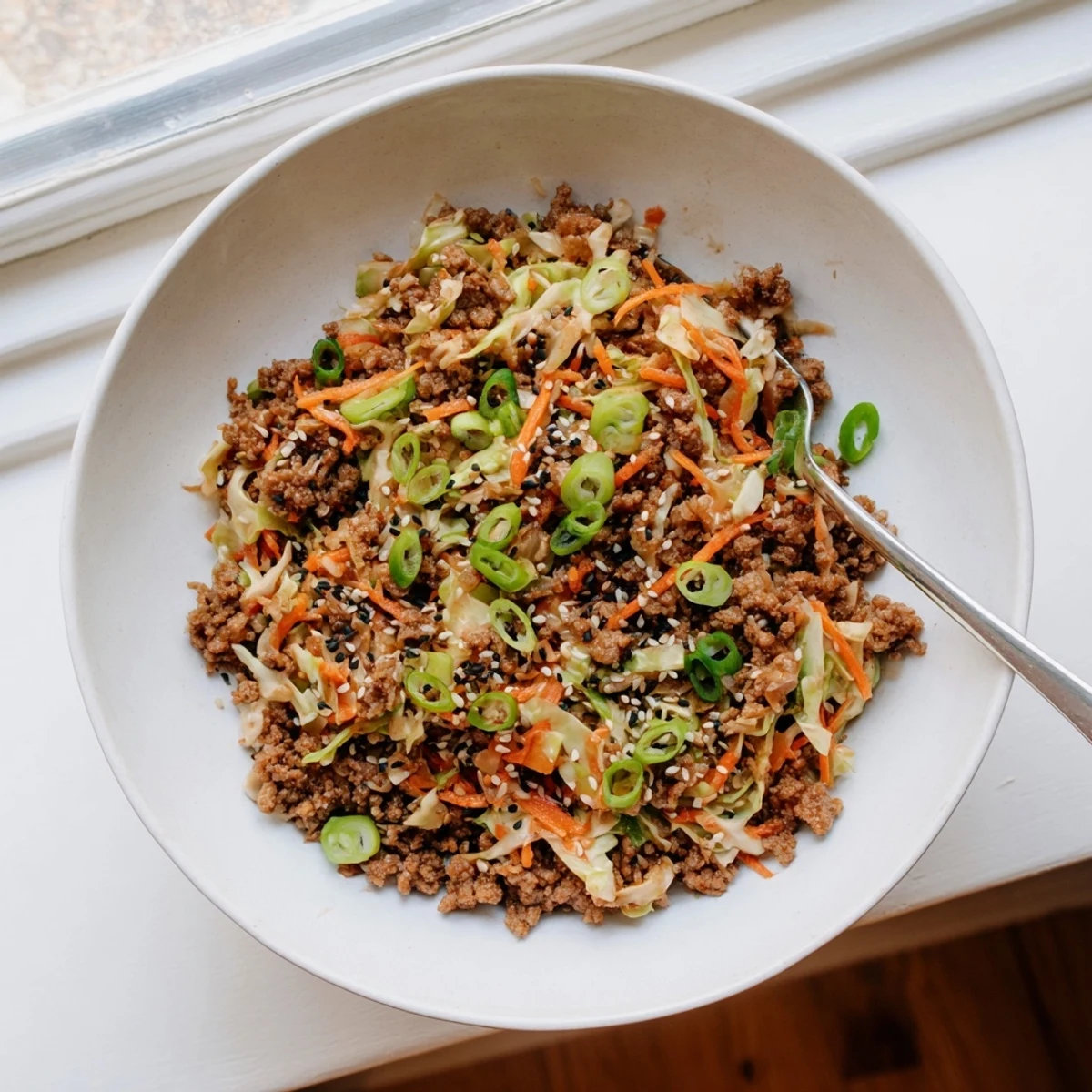 Golden brown ground pork and crisp cabbage stir-fried in a savory ginger soy sauce for this egg roll in a bowl
