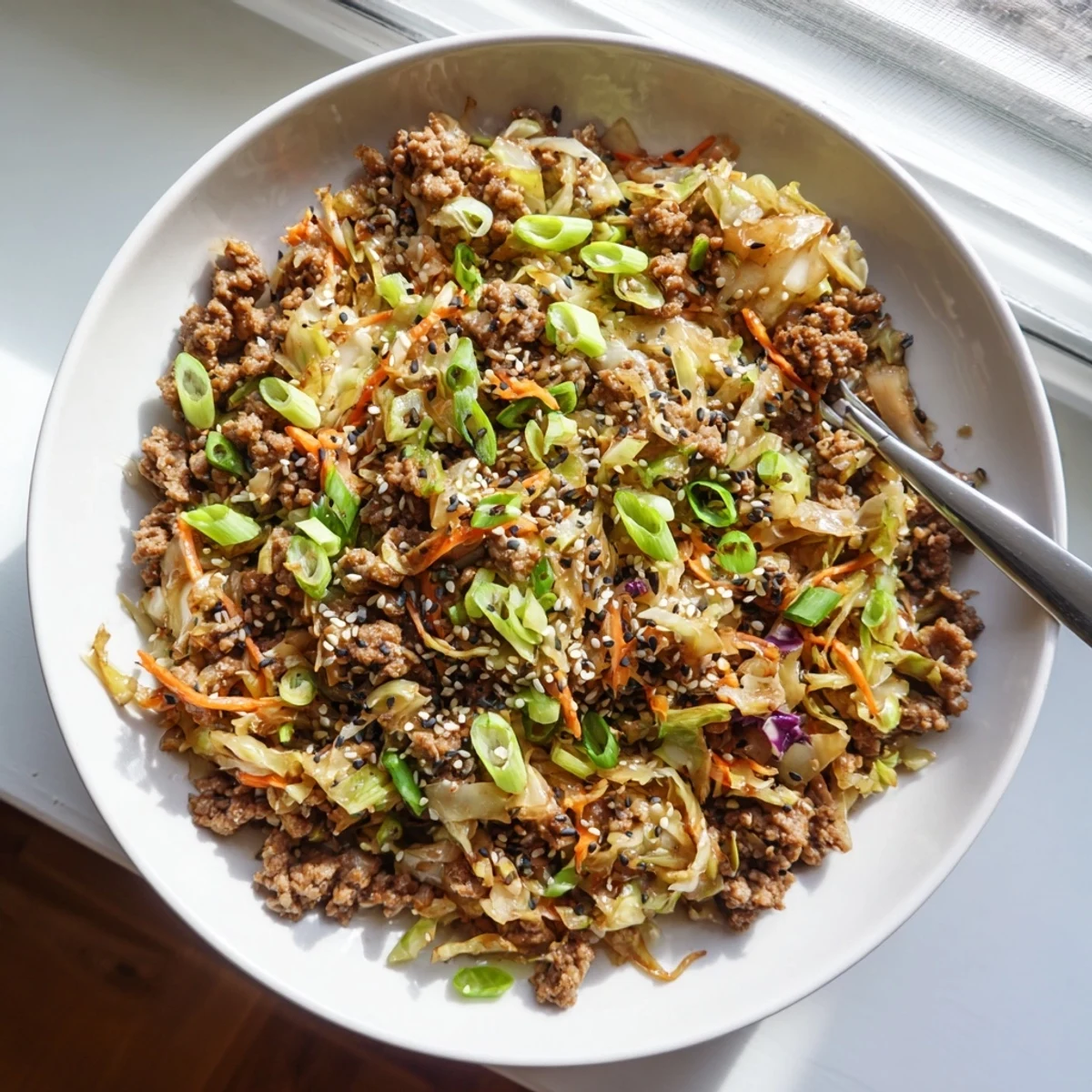 Steaming skillet of deconstructed egg roll in a bowl featuring tender ground pork and vegetables in a glossy sesame sauce