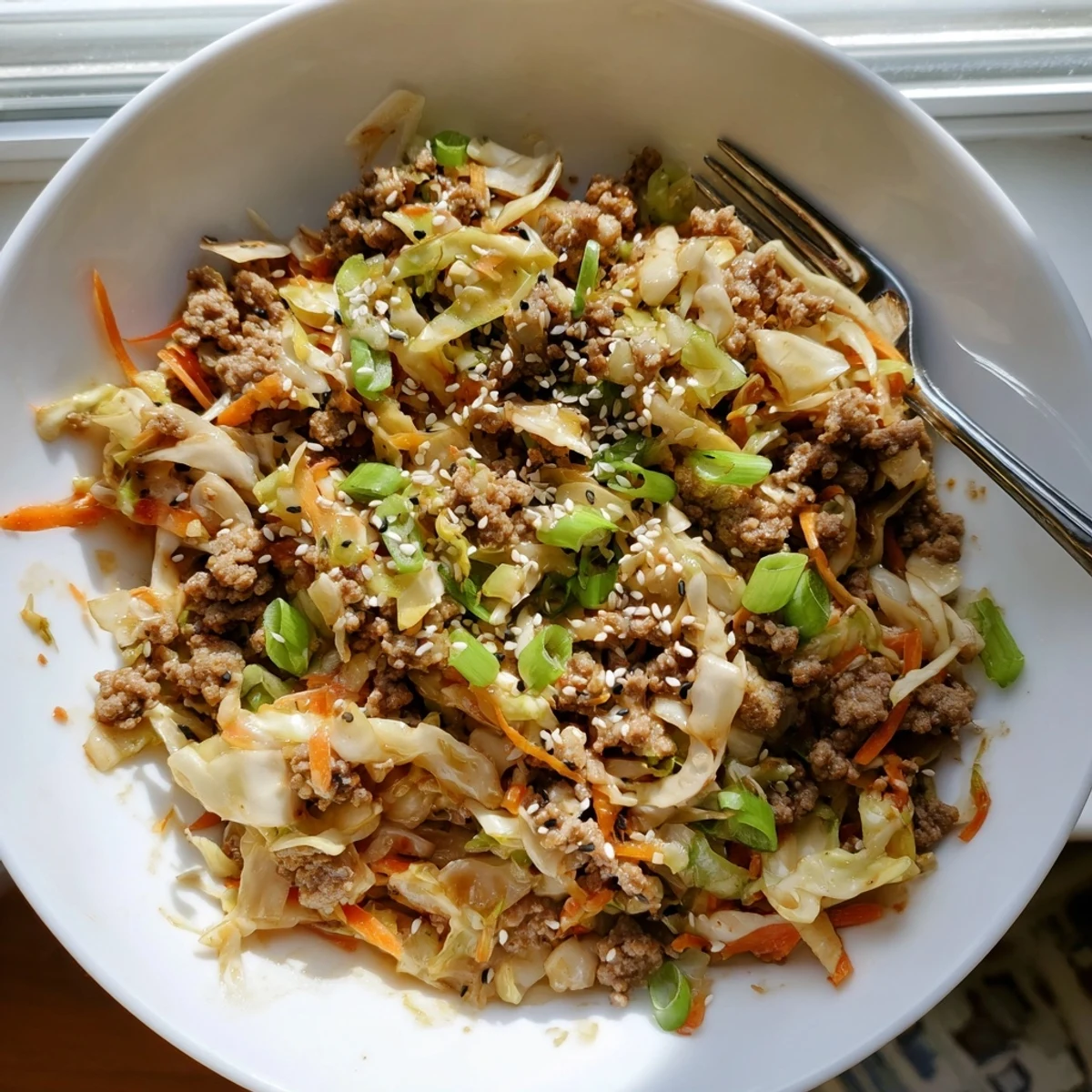 Colorful shredded cabbage and carrots tossed with seasoned pork in a skillet of egg roll in a bowl garnished with green onions