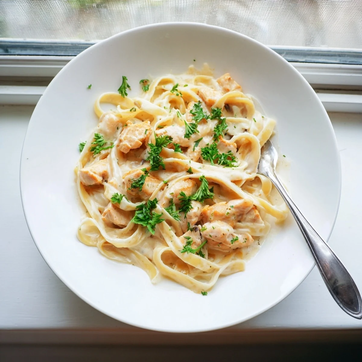 Golden brown chicken pieces served over fettuccine in a velvety garlic parmesan cream sauce.