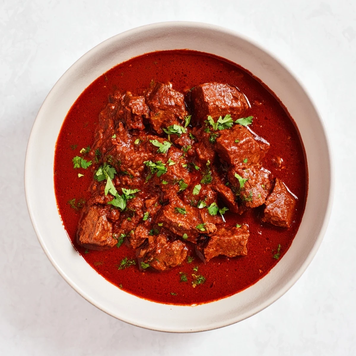 Slow cooker chili Colorado featuring tender beef chunks in a rich, smoky red chili sauce garnished with fresh cilantro
