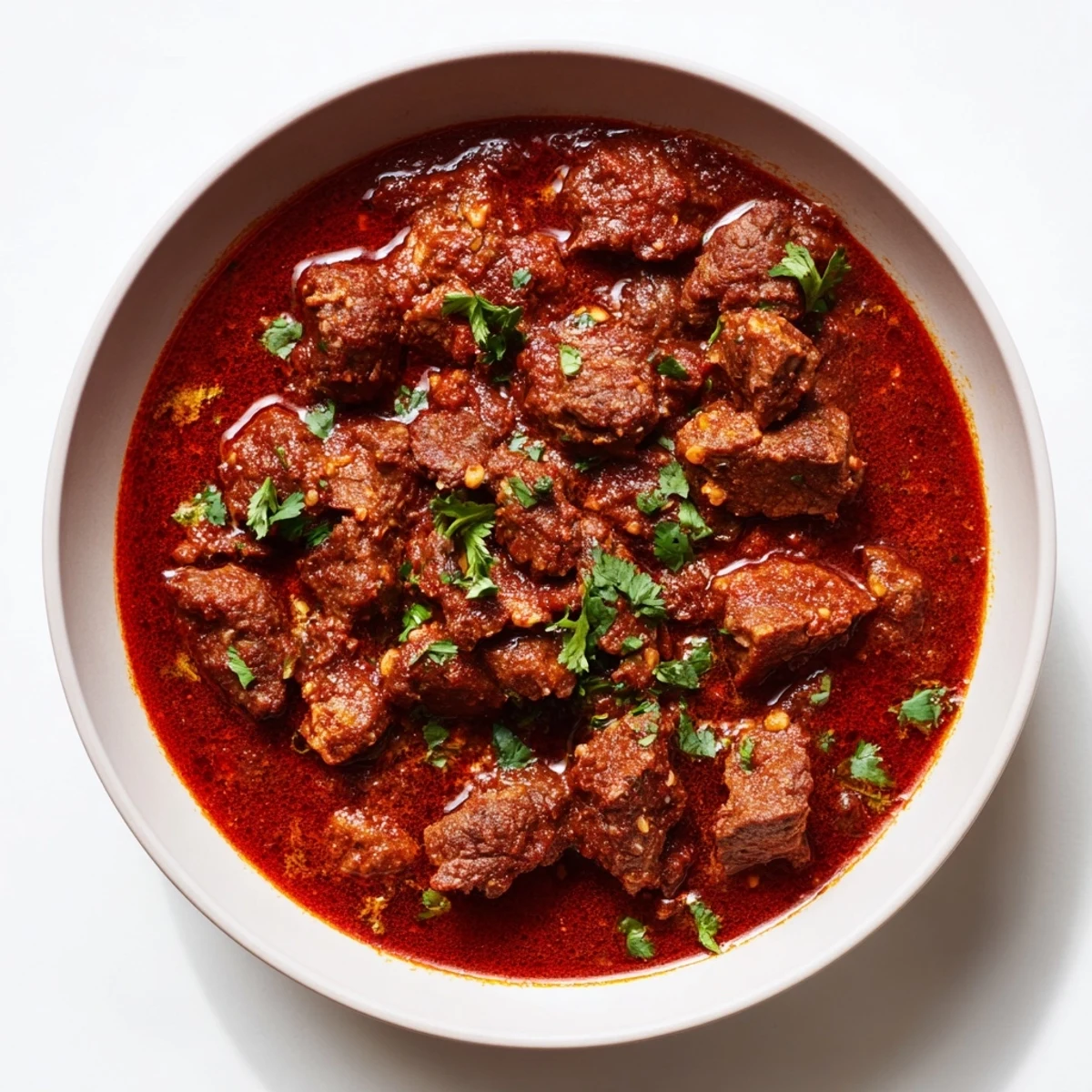 Slow cooker chili Colorado showcasing melt-in-your-mouth beef cubes coated in a thick, flavorful dark red chili gravy