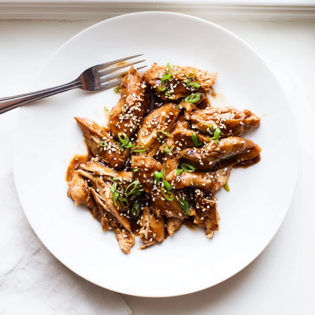 Shredded chicken swimming in sweet teriyaki glaze garnished with fresh green onions