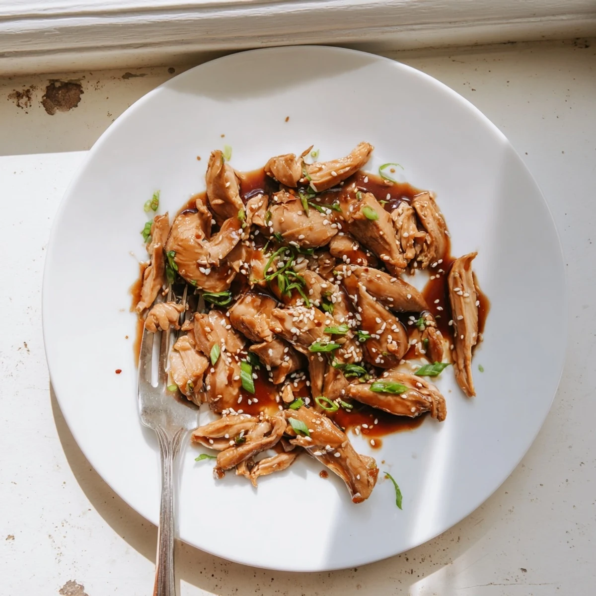 Slow cooker teriyaki chicken pieces coated in glossy brown sauce over white rice