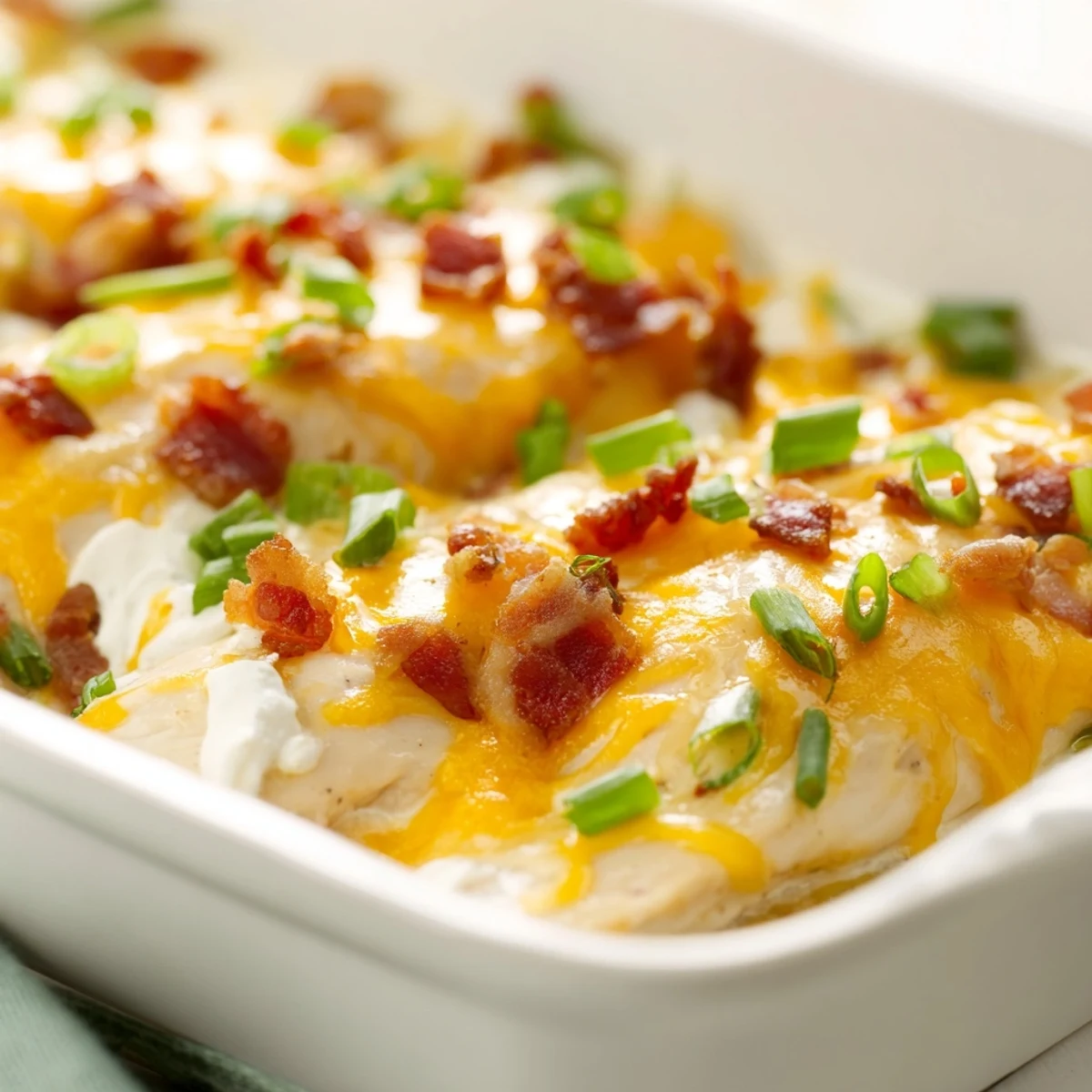 Golden brown crack chicken topped with melted cheddar and crispy bacon pieces