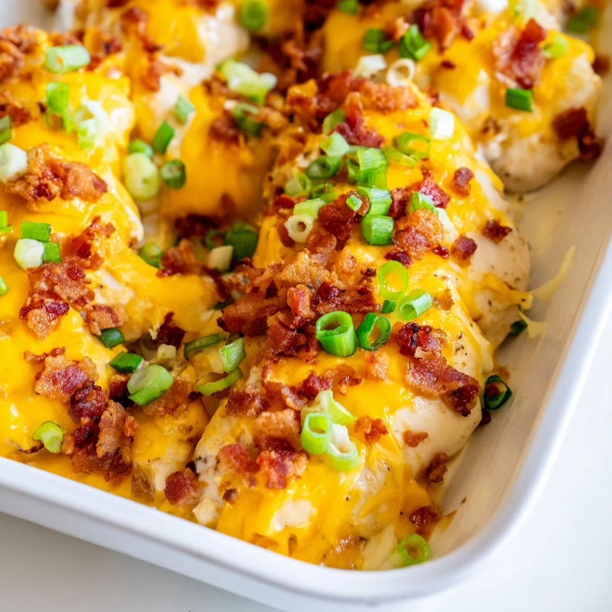 Serving of crack chicken with ranch cream cheese sauce and crumbled bacon garnish