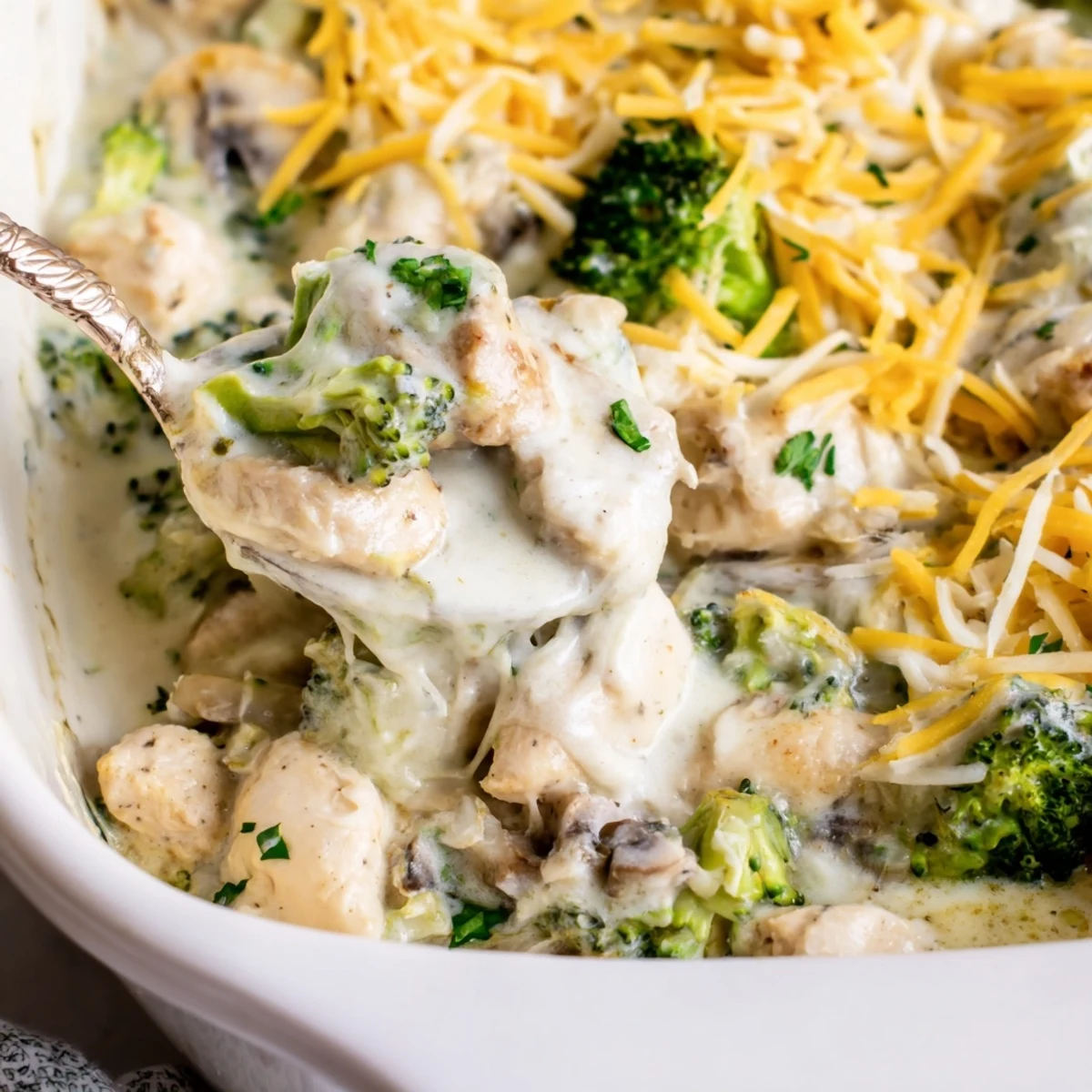 Baked low carb chicken casserole with tender chicken pieces swimming in a velvety cream and parmesan sauce