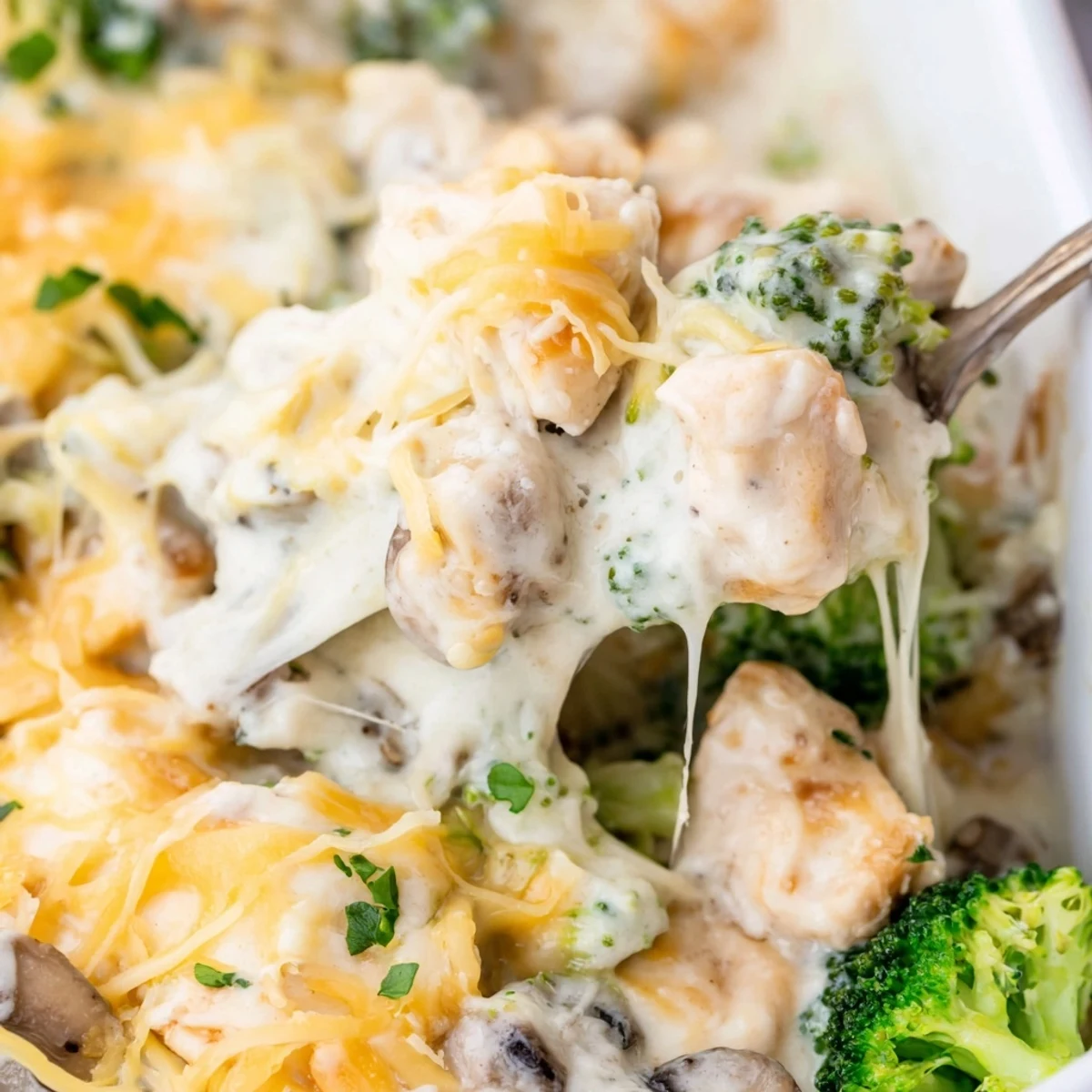Creamy low carb chicken casserole featuring tender broccoli and mushrooms in a rich cheese sauce