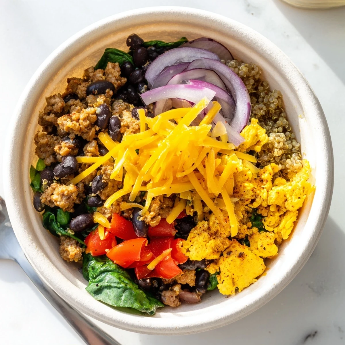 Colorful meal prep containers filled with high protein freezer friendly breakfast bowls layered with scrambled eggs, vegetables, quinoa, and melted cheese