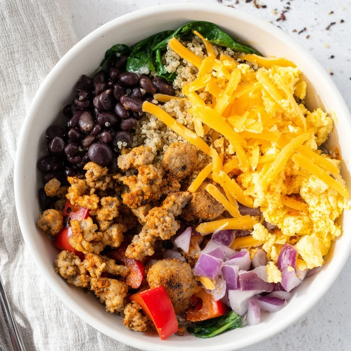 Four portioned meal prep bowls showing high protein freezer friendly breakfast bowls with colorful vegetables, eggs, beans, and shredded cheese ready for freezing