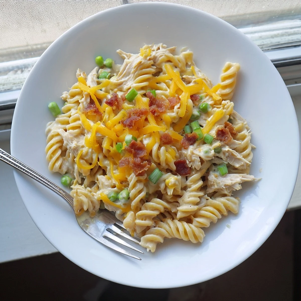Slow cooker crack chicken casserole with tender pasta, ranch seasoning, and golden cheesy crust