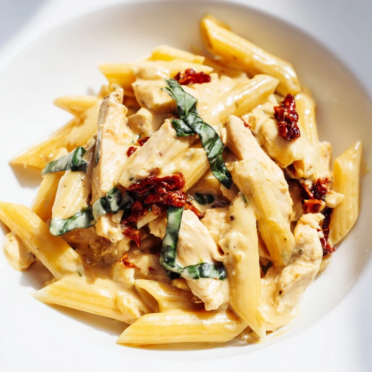 Rustic bowl of Marry Me Chicken Pasta featuring sun-dried tomatoes and fresh basil garnish