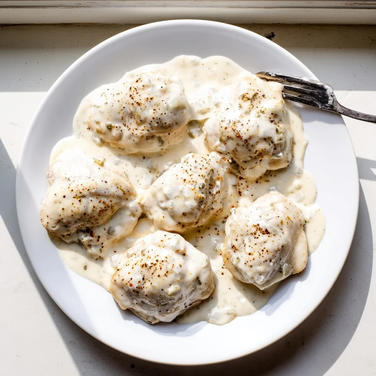 Golden chicken thighs swimming in a rich, velvety creamy gravy crockpot slow cooker meal