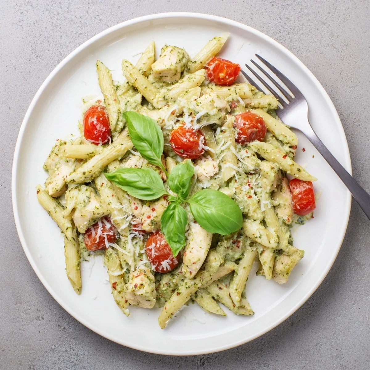 Golden brown chicken pieces tossed in vibrant green basil pesto pasta sauce with melted parmesan