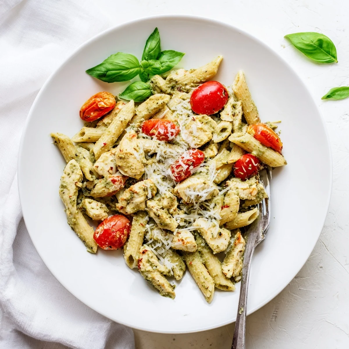 Steaming plate of creamy pesto chicken pasta featuring tender chunks and al dente noodles