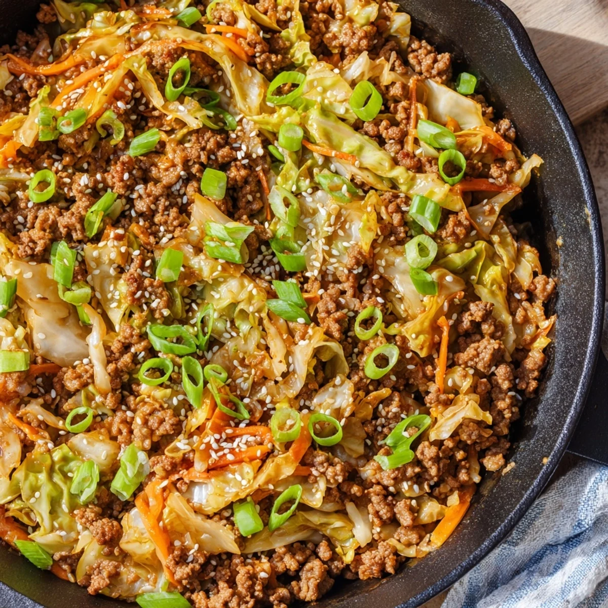 Golden brown ground pork and colorful cabbage vegetables simmer in a skillet for egg roll in a bowl keto