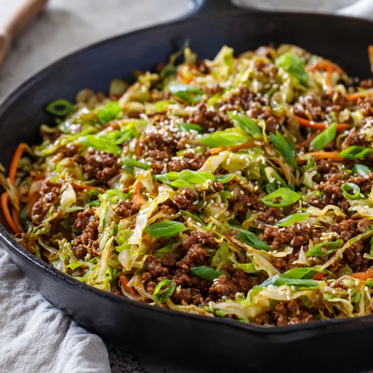 Crisp tender cabbage with seasoned pork creates this delicious egg roll in a bowl one skillet keto dinner