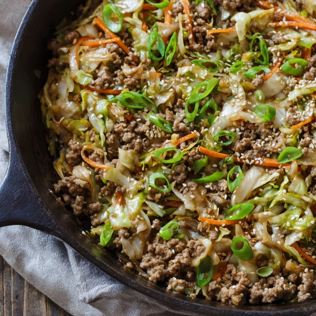 Steaming hot low carb egg roll in a bowl one skillet meal topped with sesame seeds and green onions