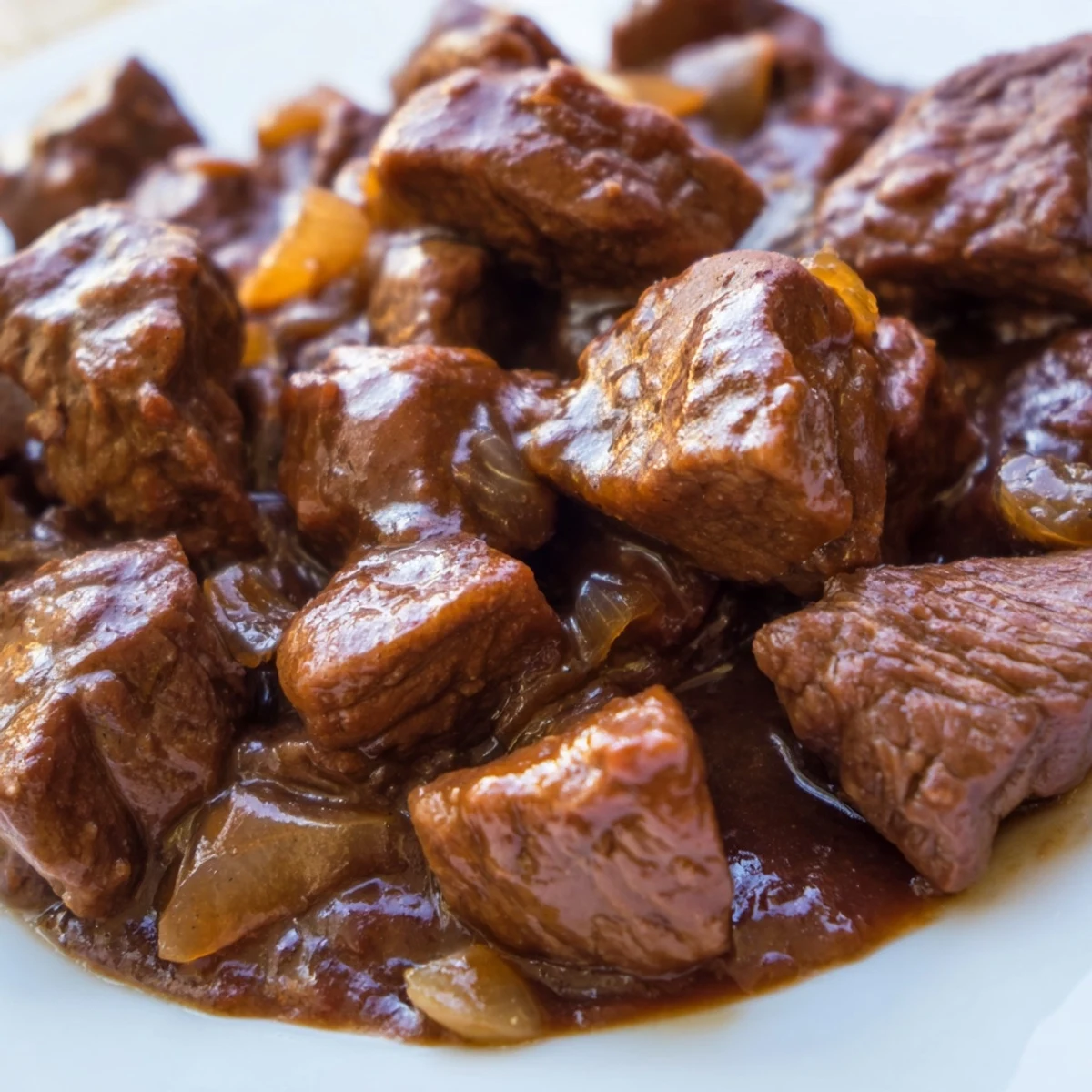 Fork-tender slow cooker beef tips and gravy plated alongside buttery mashed potatoes for a comforting dinner