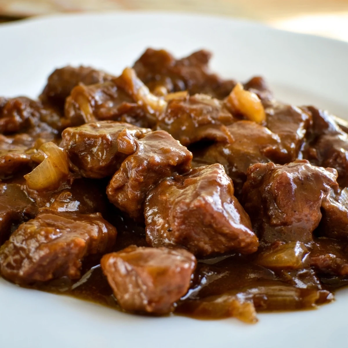 Tender beef tips swimming in rich brown gravy after hours of slow cooker perfection