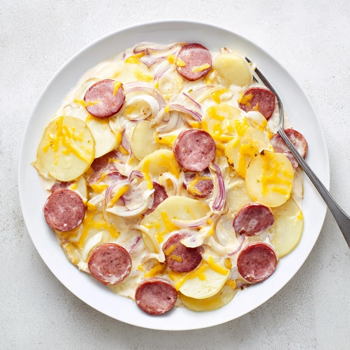 Slow cooker scalloped potatoes with kielbasa layered in creamy melted cheddar cheese sauce
