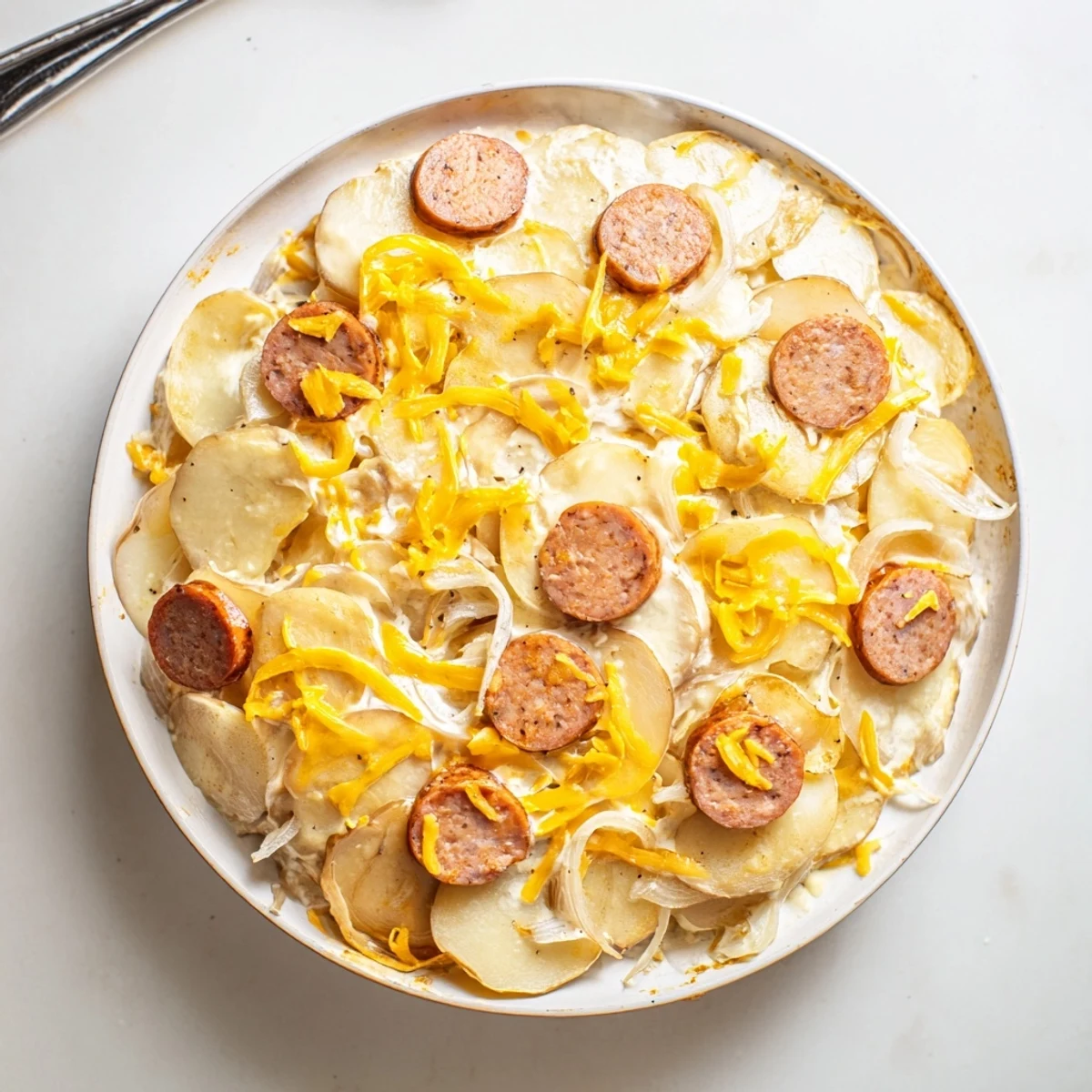 Tender russet potatoes and smoky kielbasa slices bubbling in rich cheese sauce
