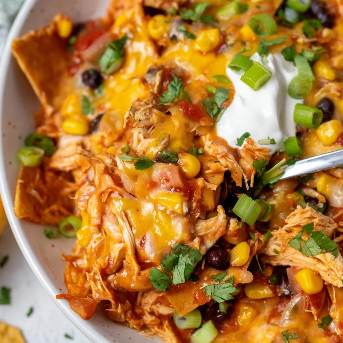 Slow cooker chicken enchilada casserole layered with melted cheese and tender shredded chicken