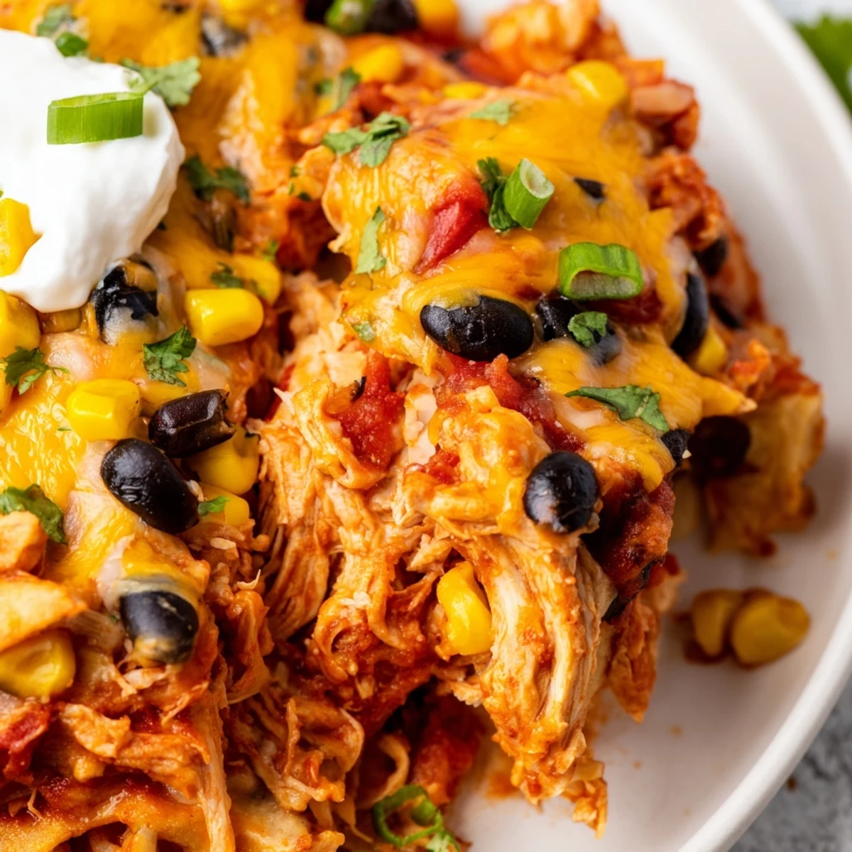 Hearty Crockpot chicken enchilada casserole topped with garnishes of fresh cilantro and sour cream