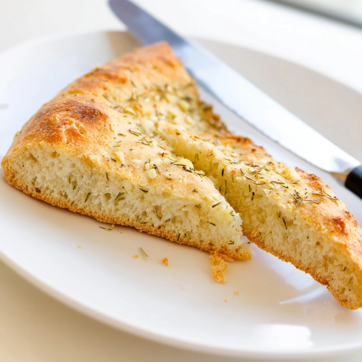Golden crust Dutch oven garlic rosemary bread sliced on wooden board