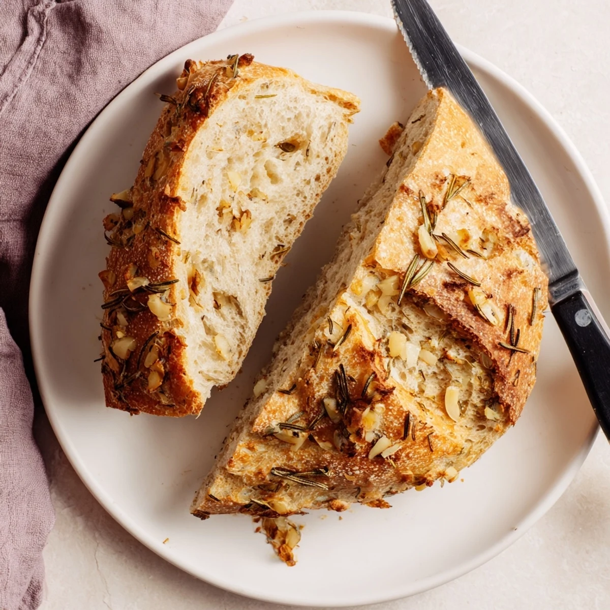 Freshly baked Dutch oven garlic rosemary bread with soft aromatic interior