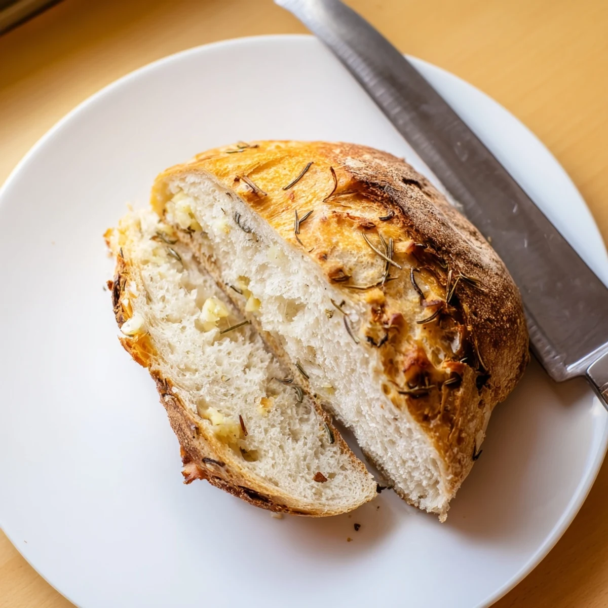 Rustic artisan Dutch oven garlic rosemary bread cooling on wire rack