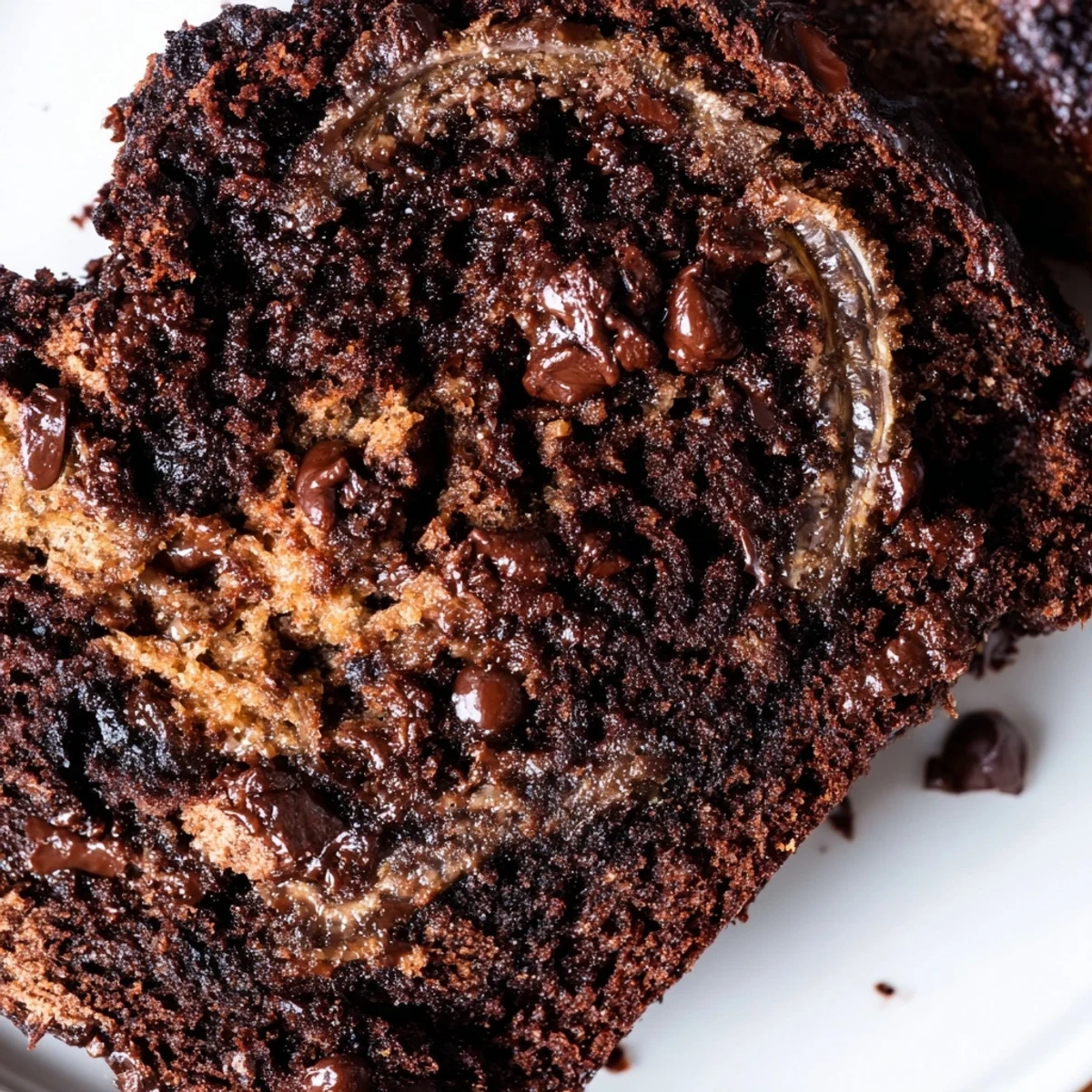 Rich chocolate espresso banana bread loaf with melted chocolate chips on a wooden cutting board