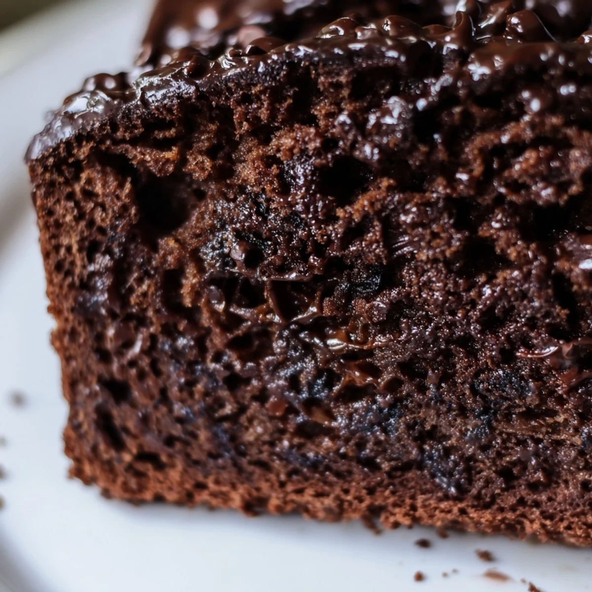 Warm slice of chocolate espresso banana bread served on a plate with a pat of butter