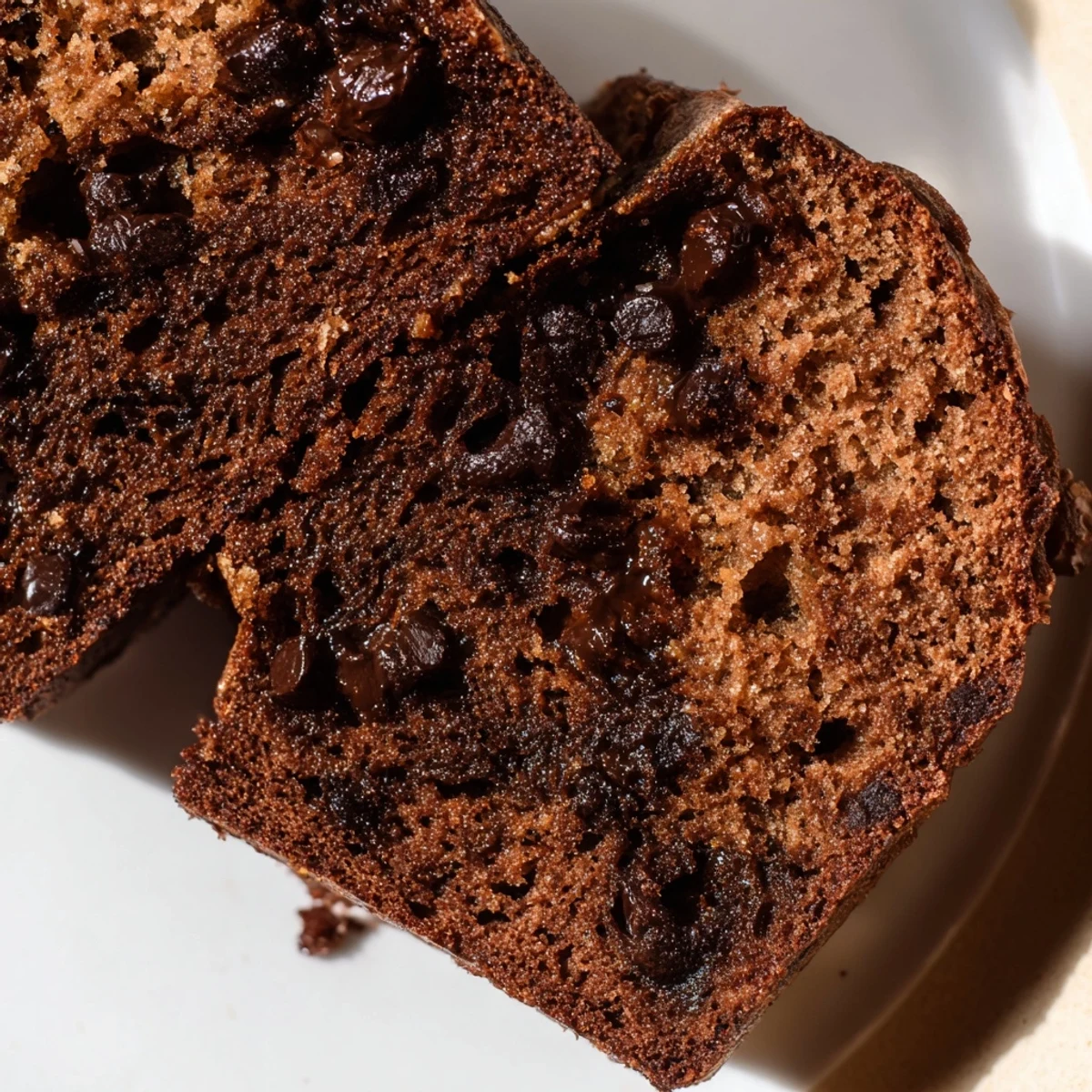 Sliced chocolate espresso banana bread revealing moist dark interior and scattered semisweet chocolate chunks