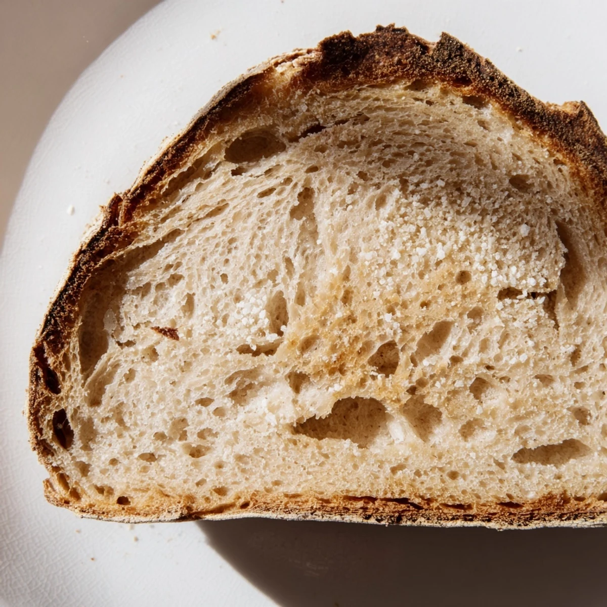 Golden brown homemade sourdough bread with crackly crust, sliced to reveal soft chewy interior
