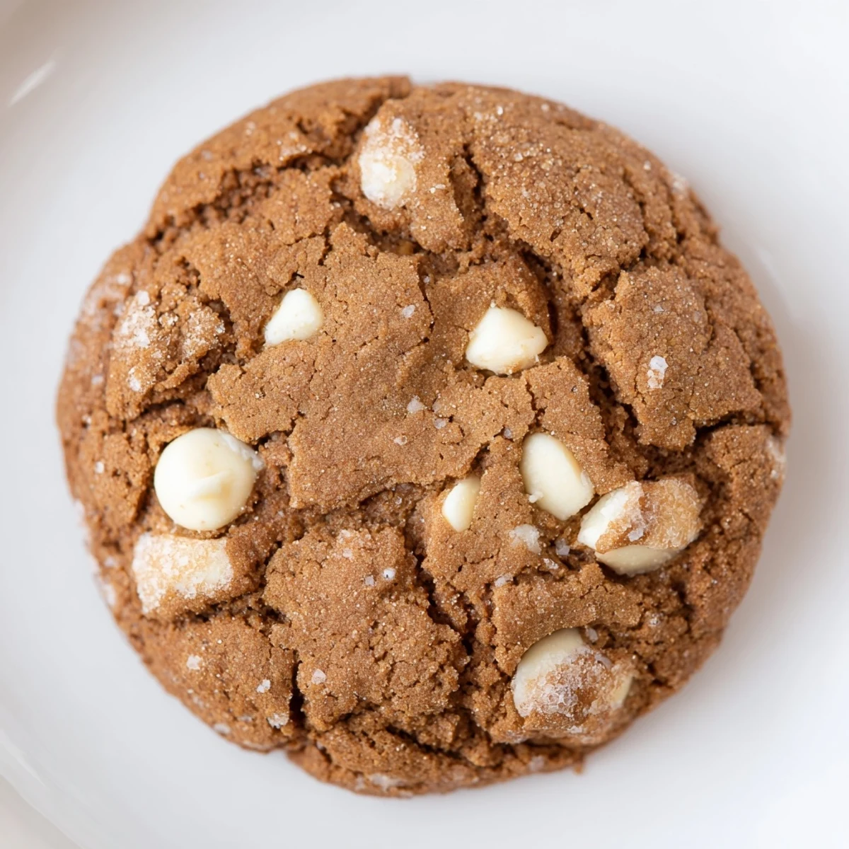 Freshly baked bakery gingerbread white chocolate cookies with golden edges and melty chips on a wooden board.