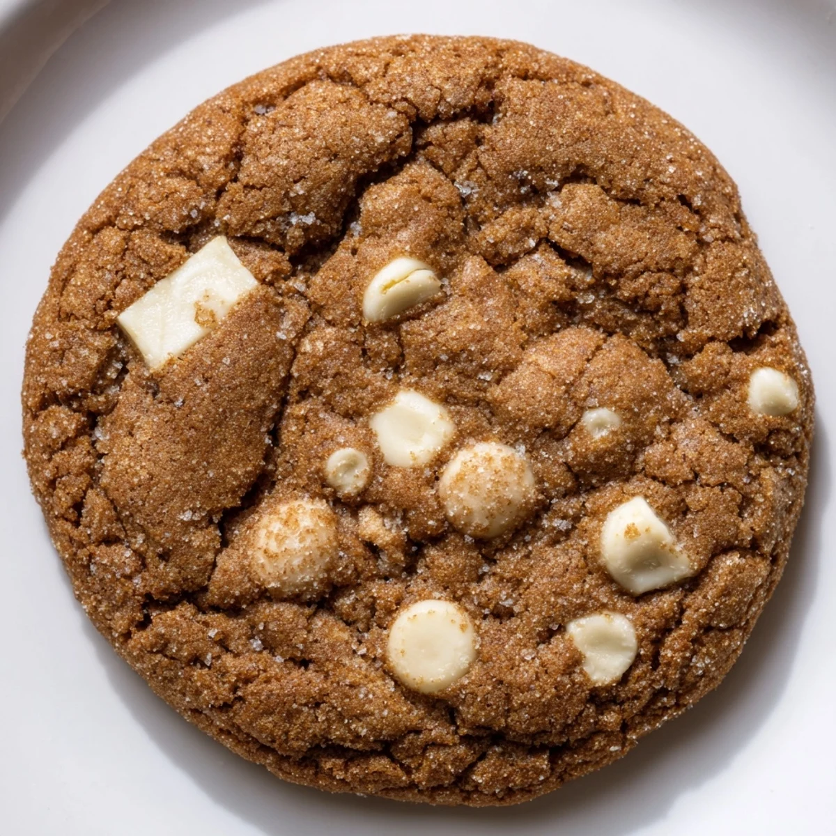 Stack of soft spiced gingerbread white chocolate cookies dusted with sugar and served on a festive platter.
